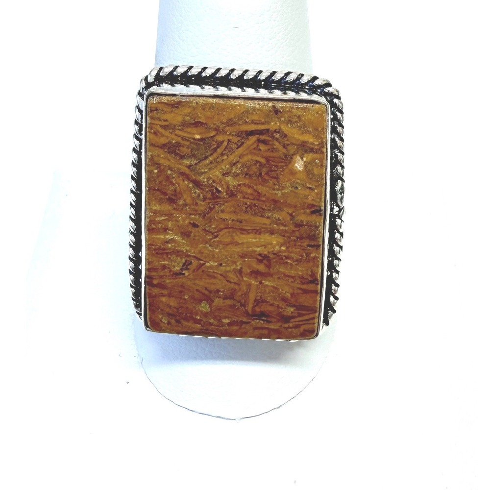 Hand Crafted Miriam Gemstone Ring Women Size 10 Tan Rectangle Silver Plated